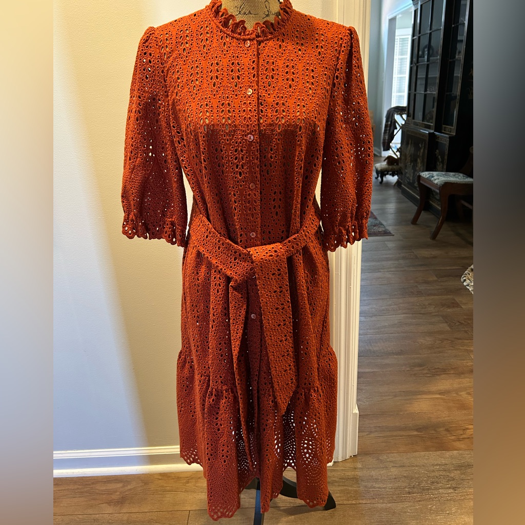 Chic Button-Down Eyelet Midi Dress In Rust